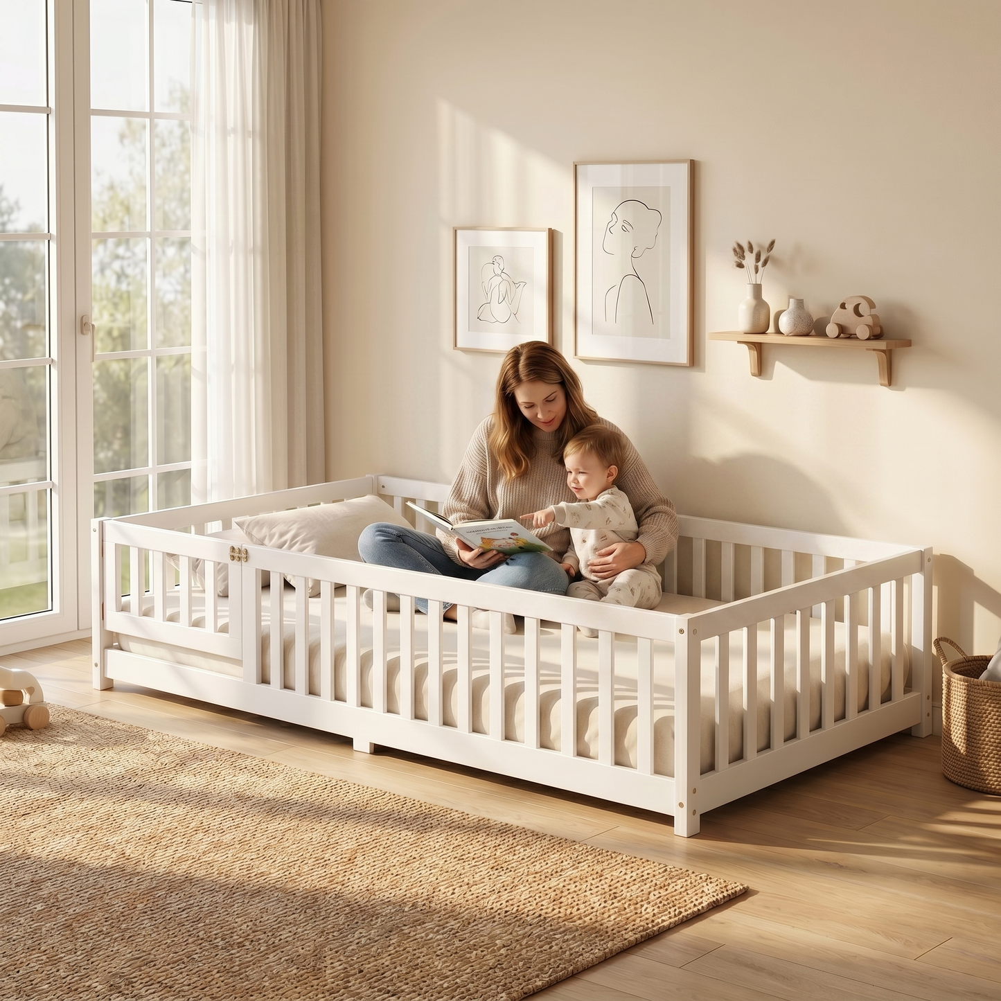 MEŽA Montessori Floor Bed with Rails & Gate