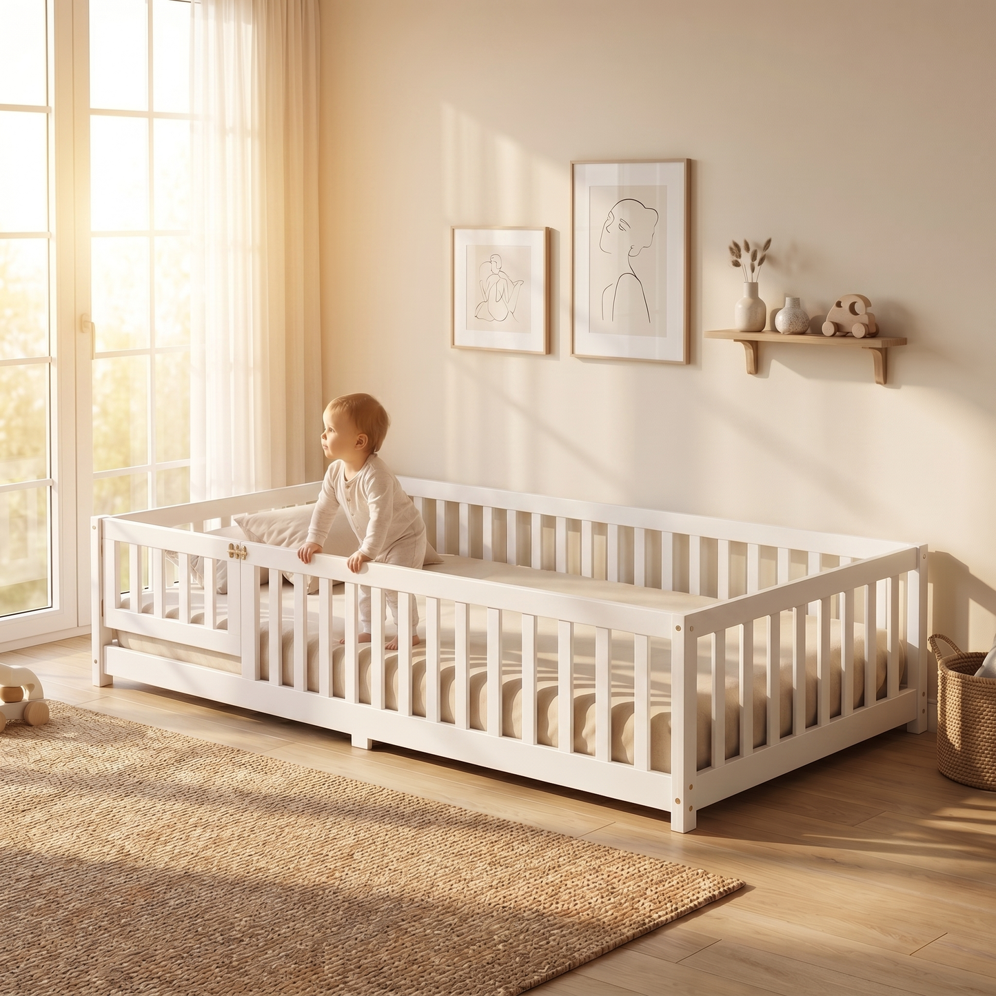 MEŽA Montessori Floor Bed with Rails & Gate
