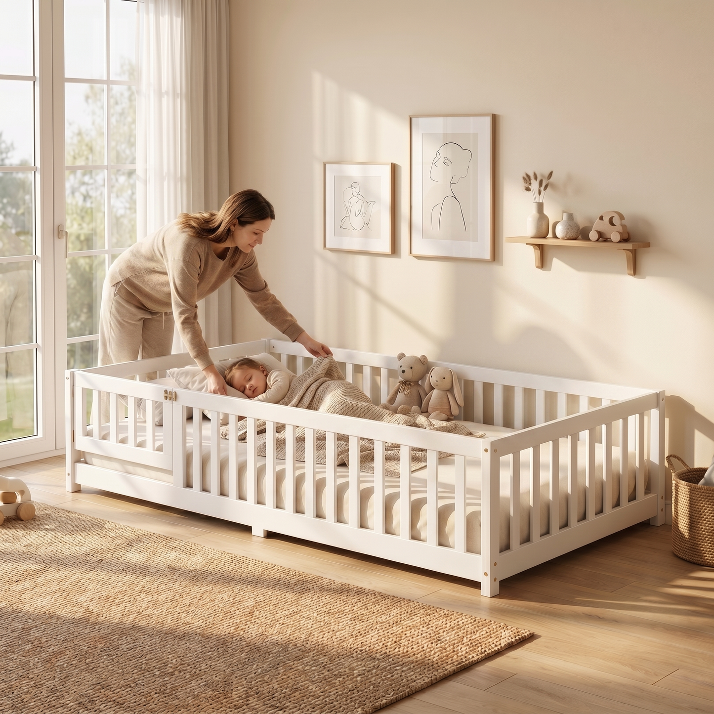 MEŽA Montessori Floor Bed with Rails & Gate