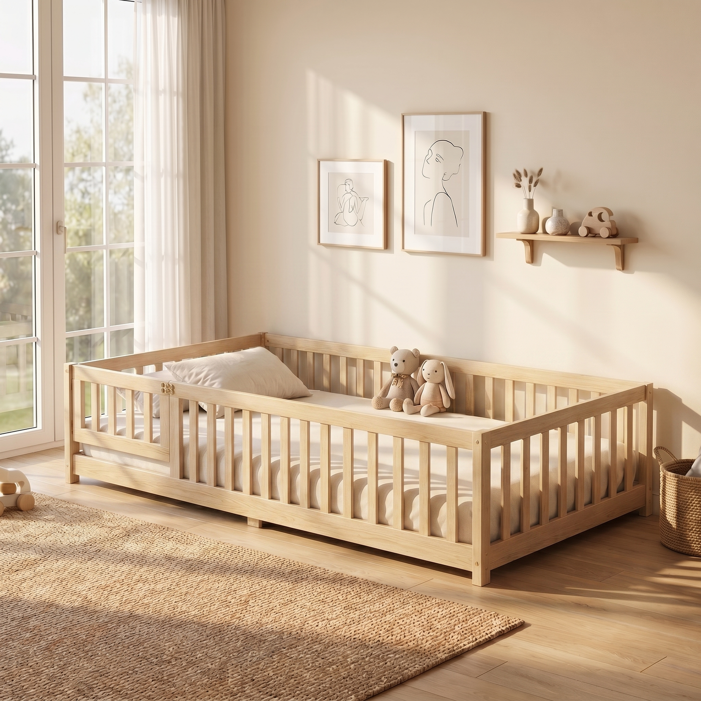 MEŽA Montessori Floor Bed with Rails & Gate