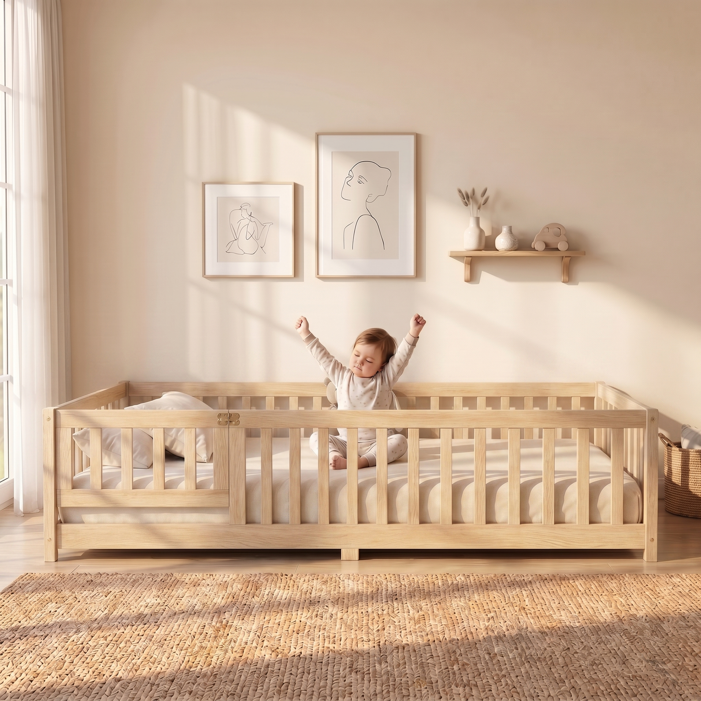 MEŽA Montessori Floor Bed with Rails & Gate