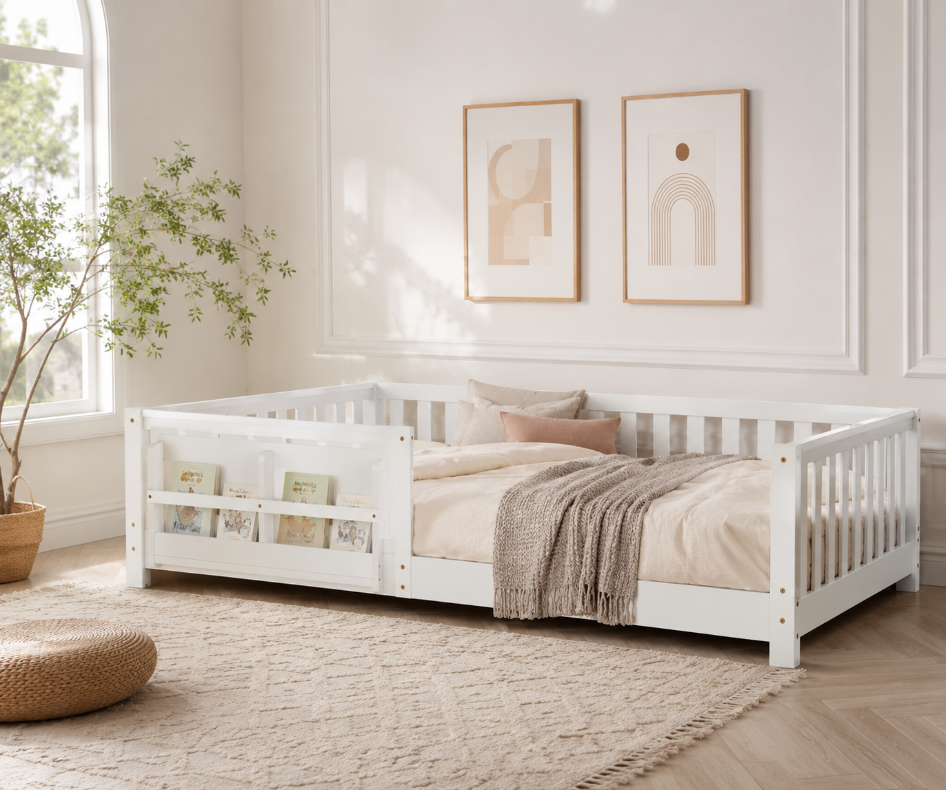 NAYA Floor Bed with Bookshelf - Queen Size