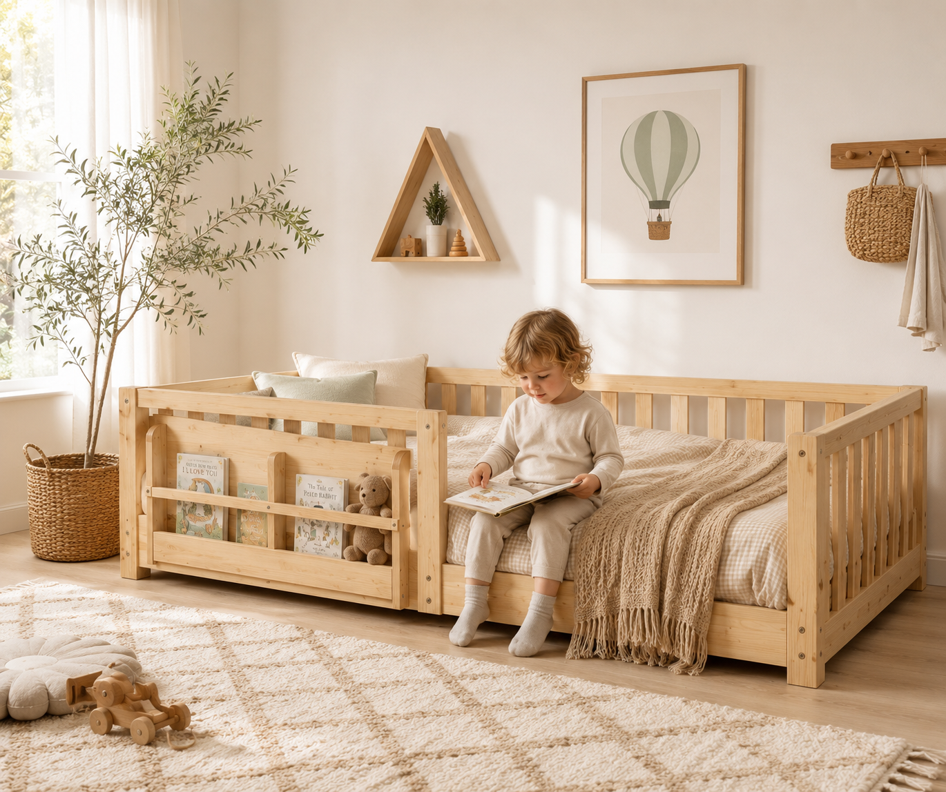 NAYA Floor Bed with Bookshelf - Queen Size
