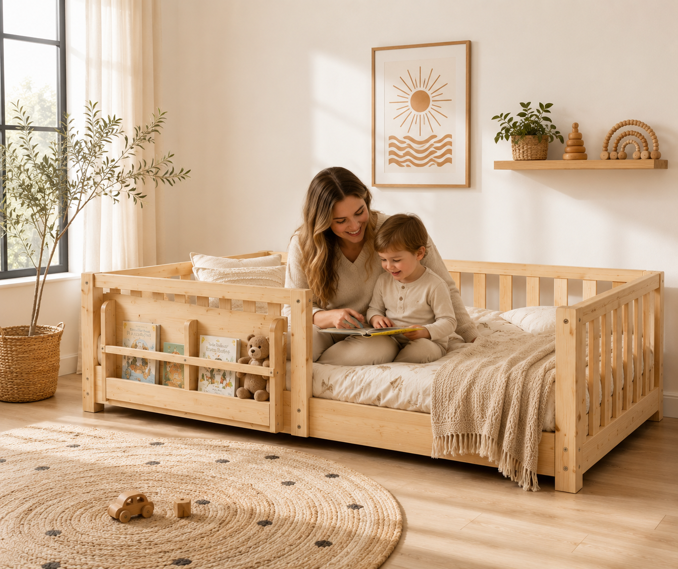 NAYA Floor Bed with Bookshelf - Queen Size