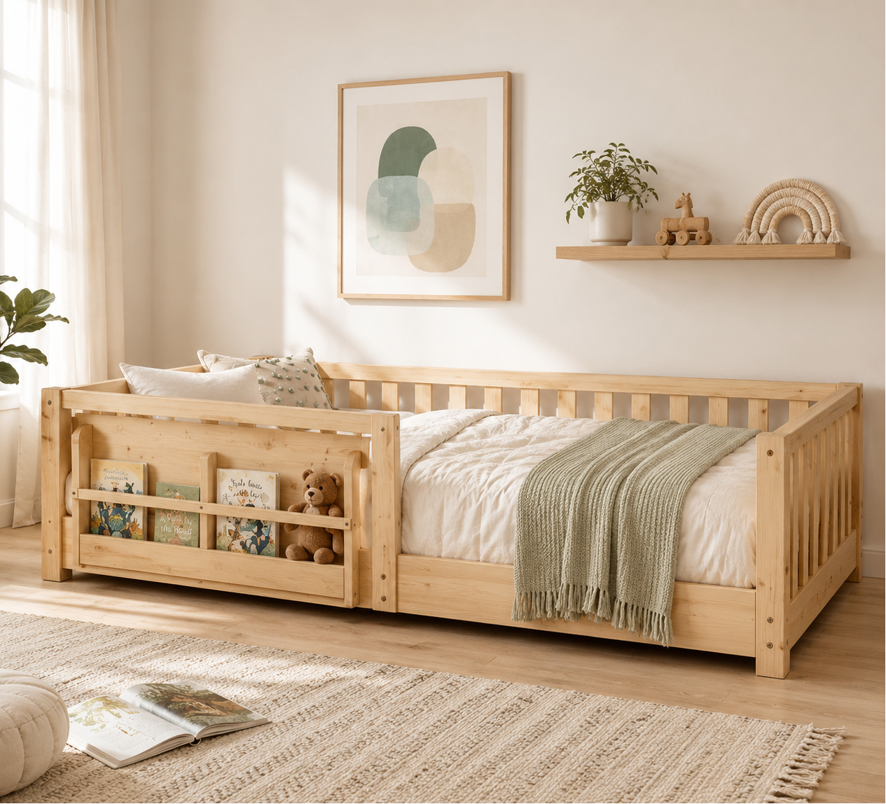 NAYA Floor Bed with Bookshelf - Queen Size